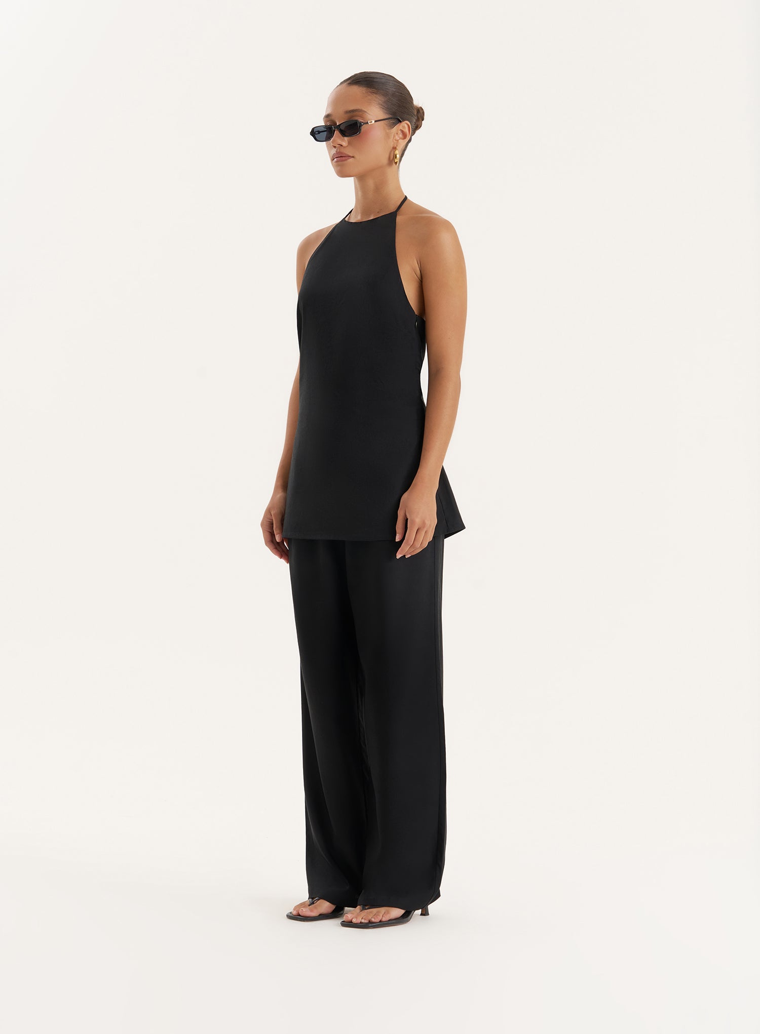 Black Linen Blend Halter Neck Top